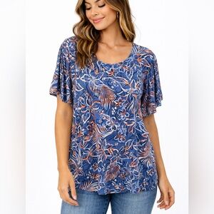 Ruby Rd Blue Floral Top | Flutter Sleeve Blouse | Size L